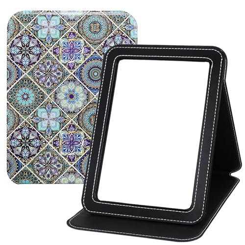 Large Folding Mirror Portable, Travel Foldable PU Adjustable Rectangular Ultrathin Vanity Mirror Rounded Corner with Multi Stand Angle, for Travel, Camping,Home 9x7 Inch - color: Pattern 4