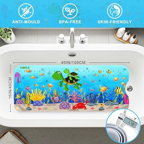 Baby Bath Mat for Tub Non Slip Kids, BPA Free Extra Long Bathtub Mat 40x16 with Drain Holes and 200 Suction Cups, Non Toxic Machine Washable Toddler Bath Mat, No Fading, Turtle - color: U-turtle 2