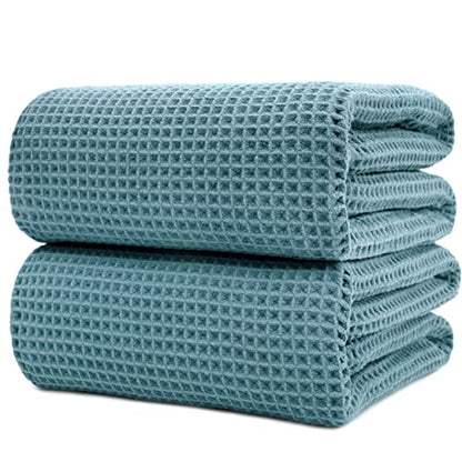 POLYTE 430 GSM Poly Blend Microfiber Waffle Bath Sheet XL Set, 35x70 in | 2 Pack, Oversize, Lint Free, Quick Dry - color: Green, size: 35 x 70 in