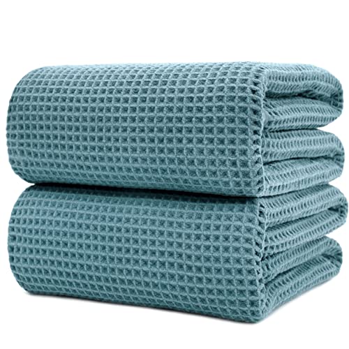 POLYTE 430 GSM Poly Blend Microfiber Waffle Bath Sheet XL Set, 35x70 in | 2 Pack, Oversize, Lint Free, Quick Dry - color: Green, size: 35 x 70 in