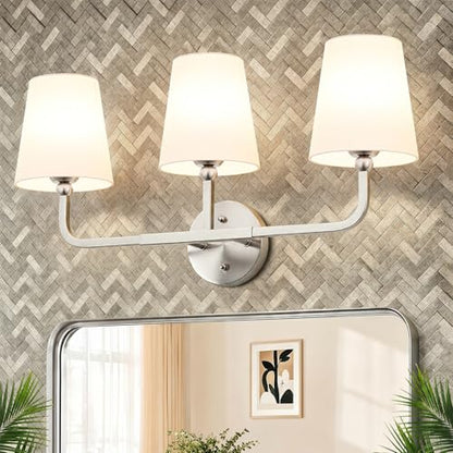 MOKATNG Bathroom Light Fixtures, 3-Light Brushed Nickel Vanity Lights, Bathroom Lighting Fixtures Over Mirror with Flared White Fabric Shade, Modern Wall Sconces for Living Room Hallway - color: Brushed Nickel & White Shade