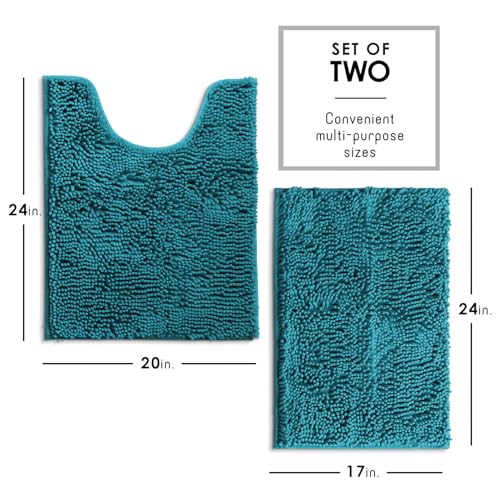Hearth & Harbor Bathroom Rugs, Chenille Bath Mat - Machine Washable Bath Mats for Bathroom Non-Slip Backing Rubber, Quick Dry Bathroom Mat - Teal Blue 17x24-20x24 - color: Teal, style: 17 x 24 + 20 x 24