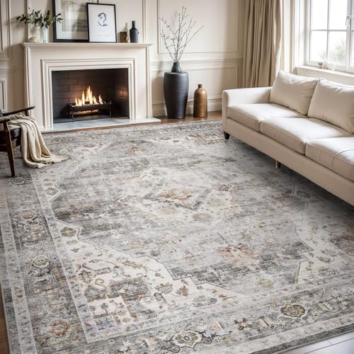 AMOAMI Area Rug - 9x12 Vintage Soft Grey Rug - Non Slip, Washable for Living Room, Bedroom, Dining Room, Office - color: Grey, size: 9' x 12' (Rectangular)