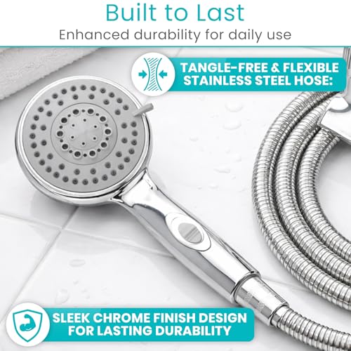 Vive High Pressure Handheld Shower Head - Hand Held Showerhead with 6.5 ft | Extra Long Hose, Detachable Showerhead, Multi-Setting Spray Combo for Bathroom, Pet Bathing, Stainless Steel Hose, Chrome