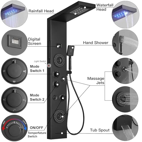 Black Shower Panel Tower System LED Rainfall Waterfall Head | 6 Functions,Rain Massage,Body Jets,Handheld Shower,Tub Spout,Temperature Display,Wall Mount, Stainless Steel Shower Panel - color: Matte Black, style: Shower Panel-LED