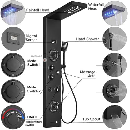 Black Shower Panel Tower System LED Rainfall Waterfall Head | 6 Functions,Rain Massage,Body Jets,Handheld Shower,Tub Spout,Temperature Display,Wall Mount, Stainless Steel Shower Panel - color: Matte Black, style: Shower Panel-LED