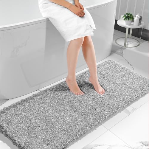 Yimobra Bathroom Runner Rug Non Slip 70" X 24", Super Absorbent Bath Rugs, Quick Dry, Luxury Extra Long Shaggy Fluffy Bath Mat for Double Vanity & Tub Side, Machine Washable, Light Gray and White - color: Light Gray and White, size: 70" X 24"