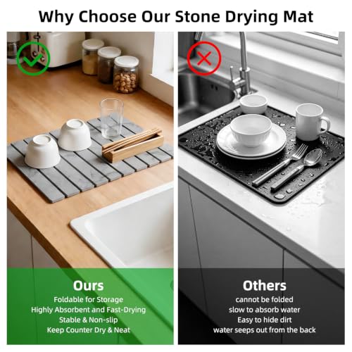 Large Stone Dish Drying Mat for Kitchen Counter, 24"×16" Foldable Quick Drying Mat, Absorbent Diatomaceous Earth Drying Mat for Bottles Cups Dishes, Match Any Countertop (Gray Marble, 24" x 16") - color: Gray Marble