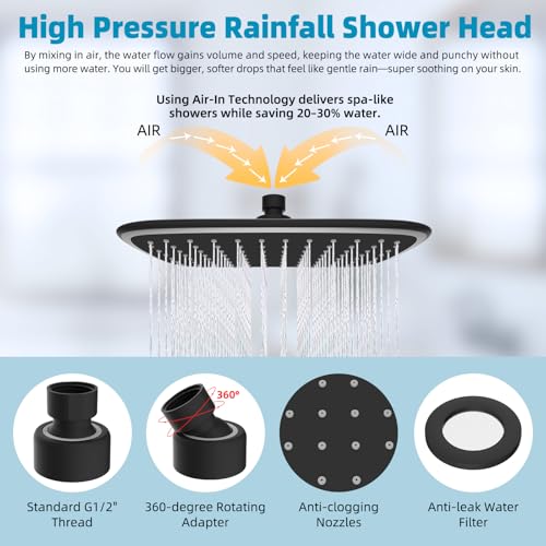 Rain Shower Head with 12" Metal Extension Arm, 10" High-Pressure Showerhead | Matte Black, Boosting Rainfall/Fixed Showerhead, Shower Head Extender Adjustable Height/Angle, 1-Min Easy to Install - color: Matte Black, size: 12 Inch