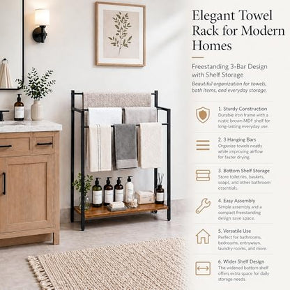24.8" W Freestanding Towel Rack with Rustic Brown Wood Shelf | 3 Tier Blanket Ladder Stand for Bathroom Living Room, Metal Frame - color: Rustic Brown, size: 31.5" H x 24.8" W x7.9 D