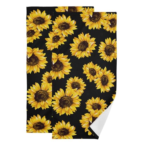 Farmhouse Sunflower Hand Towels for Bathroom Set of 2 Soft Absorbent Retro Yellow Black Floral Pattern Kitchen Dish Towels Sunflower Decorative Guest Bathroom Towels for Bath,Face 14"x28" - color: Yellow Black