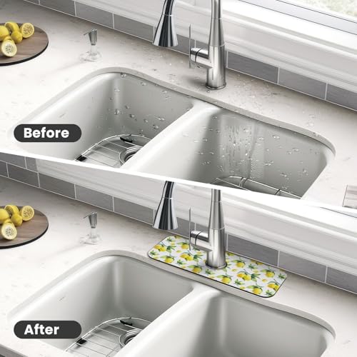 Yellow Lemon Green Leaves Kitchen Sink Splash Guard Faucet Mat Super Absorbent Fast Drying Mat Sink Gadgets-Fast Drying Pad Sink Mat For Kitchen Bathroom (15" X 5.5" ) - color: Yellow Lemon Green Leaves