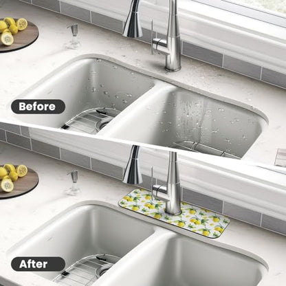 Yellow Lemon Green Leaves Kitchen Sink Splash Guard Faucet Mat Super Absorbent Fast Drying Mat Sink Gadgets-Fast Drying Pad Sink Mat For Kitchen Bathroom (15" X 5.5" ) - color: Yellow Lemon Green Leaves