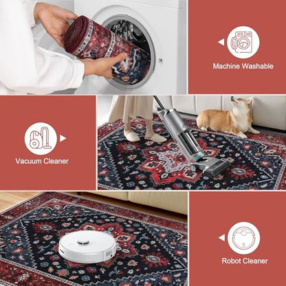Ciicool Boho Washable 2x6 Runner Rugs,Hallway Kitchen Bedroom Beside Laundry Room Bathroom Rug, Pet & Kids Friendly, Non Slip Low Pile Stain Resistant Soft Foldable Floor Carpet - color: Dark Blue/Red, size: 2' X 6' (Runner)