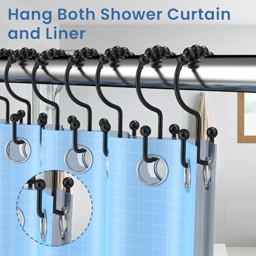 Black Shower Curtain Hooks Double Sided with Roller Balls | for Bathroom Rods, for Shower Curtain and Liner, Smooth Gliding, Rustproof Metal, Set of 12 Hooks - color: Black