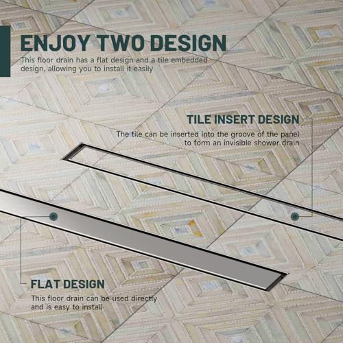 28 Inch Linear Shower Floor Drain, Stainless Steel | Bathroom Floor Drains, Rectangular Shower Trench Floor Drain, Hair Strainer, Brushed Nickel