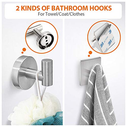 Tudoccy 5-Pieces Bathroom Hardware Set Brushed Nickel SUS304 Stainless Steel Round Wall Mounted - Includes 24" Hand Towel Bar, Toilet Paper Holder, 3 Robe Towel Hooks, Bathroom Accessories Kit | Includes hand towel bar, toilet paper holder, 3 robe hooks;