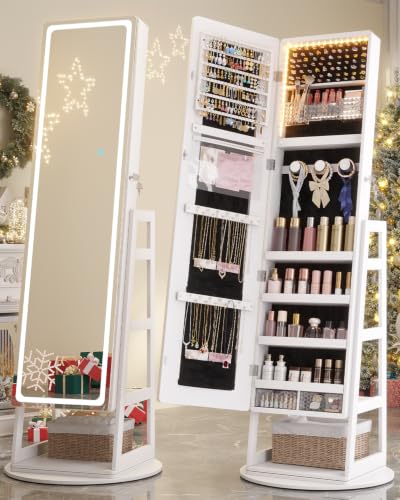Standing Jewelry Cabinet Mirror with Adjustable LED Light White | 63" Lockable Jewelry Armoire Organizer with 4 Rear Shelves & Hooks, 360° Swivel, for Bedroom, Living Room, Women Girls Gift - color: White 1