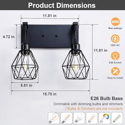 Somniferous Farmhouse Bathroom Light Fixtures, 2 Light Bathroom Vanity Light Over Mirror, Black Bathroom Light with Caged Metal Shade, Rustic Wall Sconce for Bedroom, Living Room, Hallway, E26 Socket - size: 2-Light