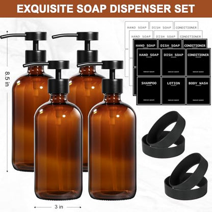 RYTOXILO Amber Glass Soap Dispenser 4 Pack, Hand Soap Dispenser Bathroom with Stainless Steel Pump, 16.9 Fl oz Hand and Dish Soap Dispensers Set Kitchen, Modern Brown Soap Lotion Dispensers Bottle - color: Amber, size: 4 Pack