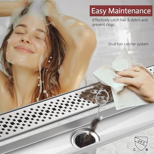 Linear Shower Drain, 32 inch Brushed Nickel | Including Hair Catcher and Removable Grate, 304 Stainless Steel, Easy to Install and Clean (Drain Base Not Included)
