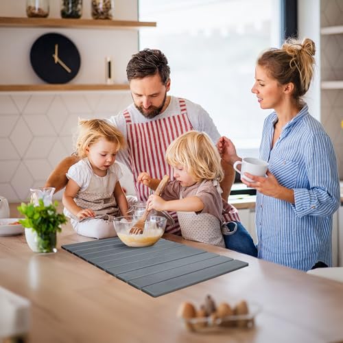 Large Stone Dish Drying Mat for Kitchen Counter, 24''x16'' Quick Dry Stone Dishes Mat, Foldable & Absorbent Diatomaceous Earth Dish Dryer Pad (Grey)