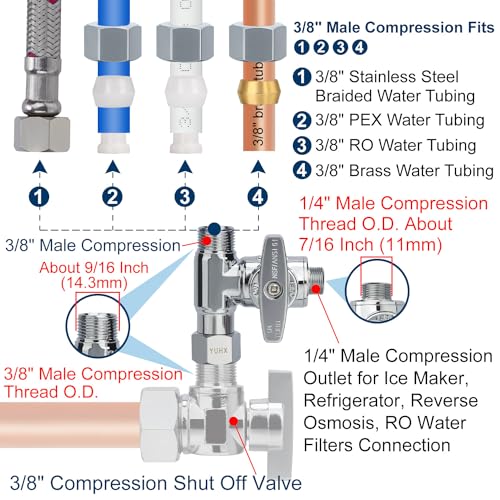 1/4 3/8 water line splitter, Feed Water Adapter for Refrigerators,Ice Maker | 3/8 Compression Tee Brass Angle Stop Add-A-Tee Valve, Under Sink Refrigerator Water Line Connector, 3/8" x 3/8" x 1/4" - size: 3/8x3/8x 1/4 Refrigerator RO System T
