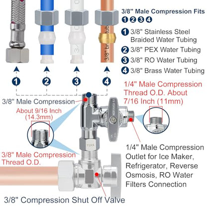 1/4 3/8 water line splitter, Feed Water Adapter for Refrigerators,Ice Maker | 3/8 Compression Tee Brass Angle Stop Add-A-Tee Valve, Under Sink Refrigerator Water Line Connector, 3/8" x 3/8" x 1/4" - size: 3/8x3/8x 1/4 Refrigerator RO System T