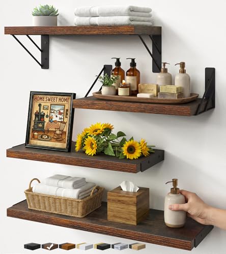 BAYKA Wall Shelves for Bathroom Decor, Floating Wall Shelves for Living Room Kitchen Storage, Mounted Rustic Wood Floating Shelves for Kids Books, Corner Shelf for Bedroom(Rustic Brown，Set of 4) - color: C. Rustic Brown Board & Black Brackets, size: 16-in