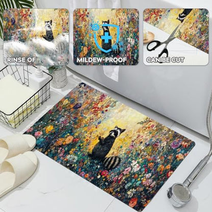 Bathroom Runner Mat Rugs Long,Cute Raccoon Flowers Image Diatomite Stone Bath Mat Large Absorbent Diatomaceous Earth Mat Non Slip Fast Dry Shower Mat Bathroom Rugs Floor Mat 16x42in - color: Design13