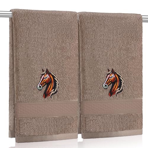 SmoothNovelty 2 Pcs Horse Hand Towels Brown Bathroom Decor 14x29 Inch Embroidered 100% Cotton Soft Absorbent Spring Summer Decorative Hand Towels for Bathroom Kitchen - style: Horse