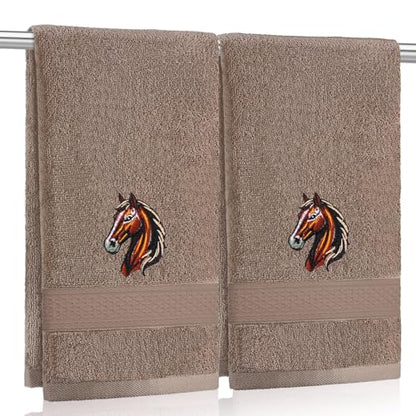 SmoothNovelty 2 Pcs Horse Hand Towels Brown Bathroom Decor 14x29 Inch Embroidered 100% Cotton Soft Absorbent Spring Summer Decorative Hand Towels for Bathroom Kitchen - style: Horse