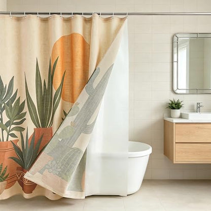 Potted Plant Linen Boho Shower Curtain Set with Liner,72" Wx72 L | Double Layer Shower Curtain Waterproof Fabric with Zippered Removable PEVA Liner,Boho Shower Curtain for Bathroom,Free Hooks - color: Cactus