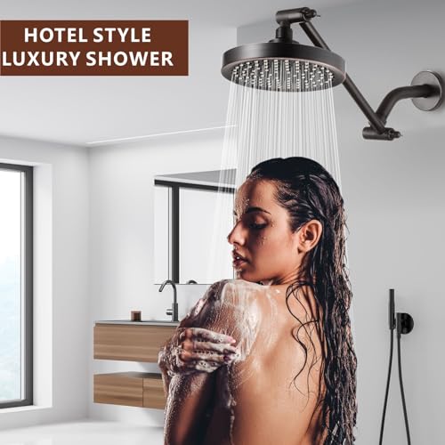 High Pressure Rain Shower Head with 11'' Extension Arm - High Flow Rainfall Showerhead - Luxury Modern Look - Pressure Boosting (Round, Oil Rubbed Bronze) - color: Oil Rubbed Bronze, style: 6" Round