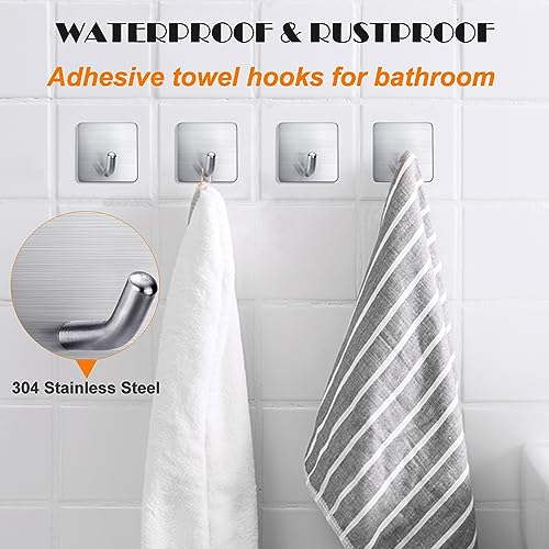 Heavy Duty Adhesive Towel Hooks Stick on Towel Hanger Wall Holder Waterproof Stainless Steel Sticky Hooks for Hanging Bathroom Kitchen Home-4 Packs - color: 1-Silver