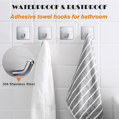 Heavy Duty Adhesive Towel Hooks Stick on Towel Hanger Wall Holder Waterproof Stainless Steel Sticky Hooks for Hanging Bathroom Kitchen Home-4 Packs - color: 1-Silver