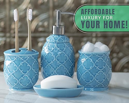 Comfify 4-Piece Bathroom Accessory Set - Ceramic Bath Set with Blue Glossy Finish - Modern Vanity Accessories Including Soap Dish, Tumbler, and Toothbrush Holder | Blue; 4-piece ceramic; Moroccan trellis embossed; dispenser, toothbrush holder, tumbler, so