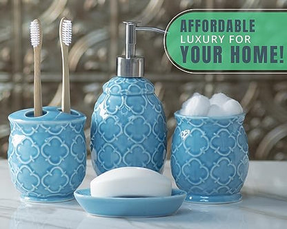 Comfify 4-Piece Bathroom Accessory Set - Ceramic Bath Set with Blue Glossy Finish - Modern Vanity Accessories Including Soap Dish, Tumbler, and Toothbrush Holder | Blue; 4-piece ceramic; Moroccan trellis embossed; dispenser, toothbrush holder, tumbler, so