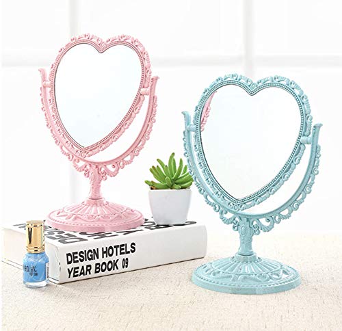 AKOAK Heart-Shaped Cosmetic Mirror - Plastic, Double-Sided, Rotatable, Lightweight Tabletop Mirror for Bathroom & Bedroom (Blue) | Plastic, Double-Sided, Rotatable, Lightweight Tabletop - color: Blue
