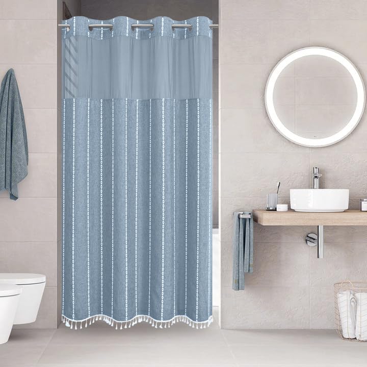 eachope No Hook Stall Shower Curtain with Snap-in Fabric Liner - 54x80 Heavy-Duty Linen Textured Striped Design,Narrow Rustic Modern Farmhouse Bohemian Bathroom Curtain,Water-Repellent,Blue | 230GSM Thick Fabric,Hotel Luxury Decor,Mesh Top Window,Waterpro