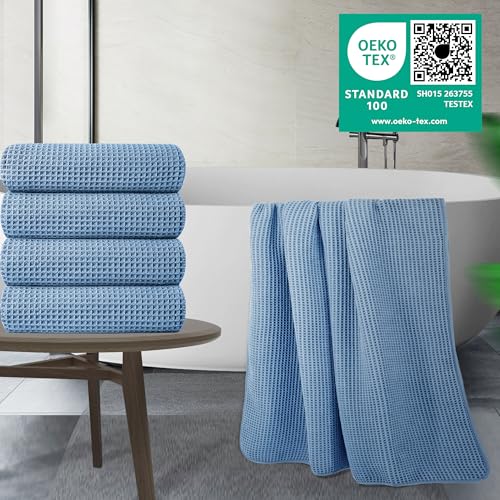 POLYTE 430 GSM Poly Blend Microfiber Quick Dry Waffle Bath Towel, 30x60 in | 4 Pack, Oversize, Lint Free, Body Towel - color: Blue