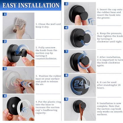 Suction Cup Hooks No Drill Stainless Steel Shower Hooks Towel Hook Heavy Duty on Smooth and Non-Porous Surfaces in Bathrooms Kitchen Bedroom (2, Matte Black) - color: Matte Black