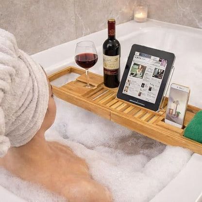 COLORANTIC | Bamboo Wood Bathtub Tray | Bathroom Caddy & Wine Holder | Cell Phone, iPad & Book Holder | Spa & Relaxation Gift for Women, Women & Parents | DIY Rustic Bath & Bathroom Organizer