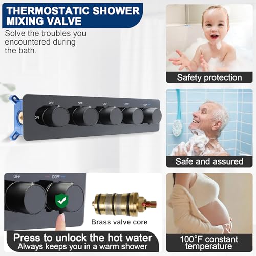 Thermostatic Shower System Dual 16" Ceiling & 8" Wall Mounted Rain Shower Heads, 4 Function, Matte Black - color: Matte Black