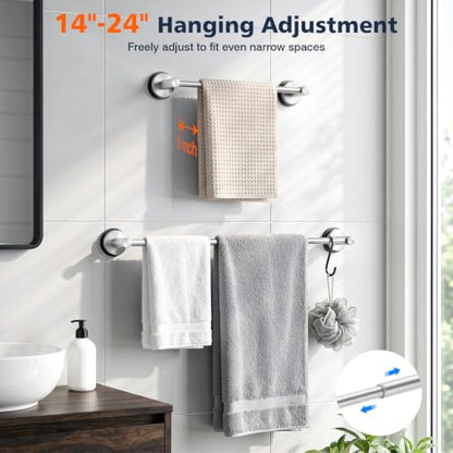 Luxspire Suction Cup Towel Bar No-Drill, Towel Rack 14-24 inch, Silver | Adjustable 14-24 inch, rustproof stainless steel rack, Heavy-duty wall mounted holder for Smooth Surface & bathroom wall - color: Silver