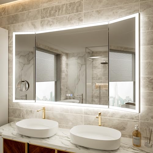60x36 Wall-Mount Lighting Trifold Bathroom Mirror with Removable Magnifier | Removable Magnifier,180° Rotational Mirror,Front-lit,Backlit,Stepless Dimming,Color Temper Change,Anti-fog,Memory Lighting - size: 36"L x 60"W