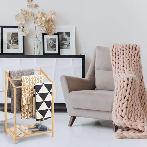 Bamboo Towel Rack Stand, Hand Towels Stand Holder, Freestanding Blanket Rack with Bottom Storage Shelf for Bathroom, Bedroom, Laundry Room