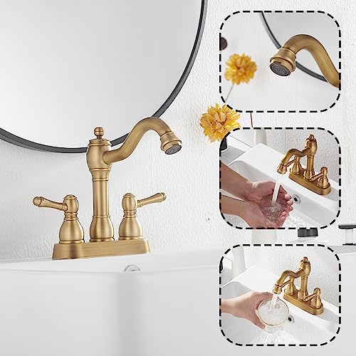 Antique Brass Bathroom Faucet 2 Handles 4 Inches Centerset RV Bathroom Vanity Faucet with Drain Assembly and Supply Hose Lavatory Faucet - color: Antique Brass, size: Centerset