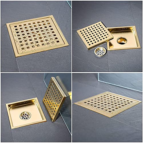 RANDOM Brushed Gold Shower Drain Square 6 Inch Shower Drain Cover Kit with Flange,SUS 304 Stainless Steel Shower Floor Drain with Removable Grid Cover and Hair Strainer - color: C-brushed Gold-6″ Square With Base Flange