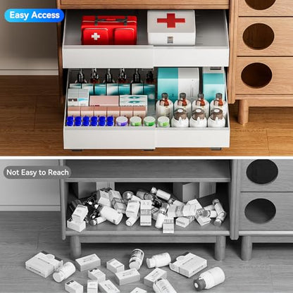 21 Inch Deep Pull Out Cabinet Organizer 2 Pack, Expandable Slide Out Drawers for Cabinet Shelves Heavy Duty with Adhesive Nano Film for or Kitchen, Bathroom, Pantry, Under Sink Storage (White)